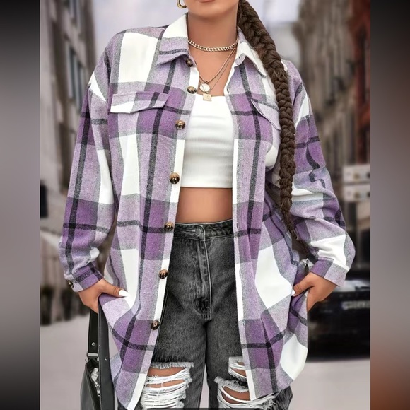 Purple Plaid Print Button Up Collared Shirt Jacket shaket - Picture 1 of 5